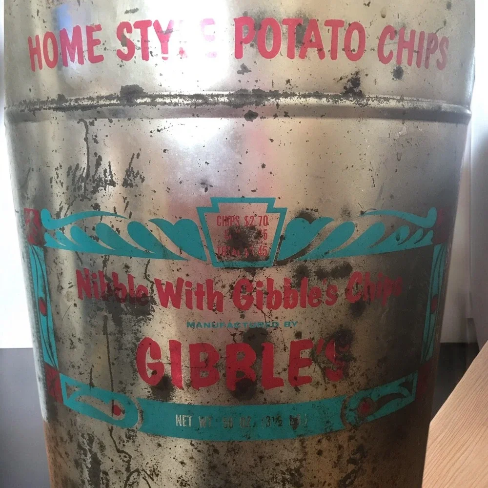 Vintage Gibbles  POTATO CHIPS LARGE‎ 56 Oz Potato Chip Tin Can Rare